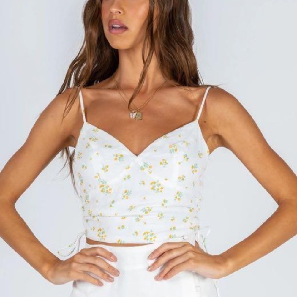 Princess Polly Rosie Floral White/Yellow Tank Top with Side Rutched